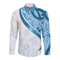 Blue Polynesian Tribal Turtle Floral Pattern Long Sleeve Button Shirt