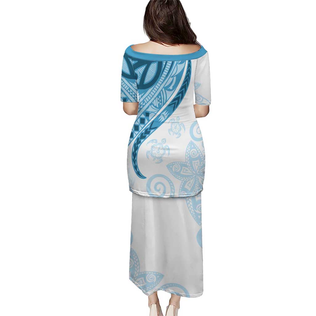 Blue Polynesian Tribal Turtle Floral Pattern Puletasi