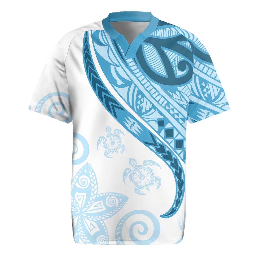 Blue Polynesian Tribal Turtle Floral Pattern Rugby Jersey