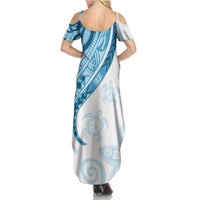 Blue Polynesian Tribal Turtle Floral Pattern Summer Maxi Dress