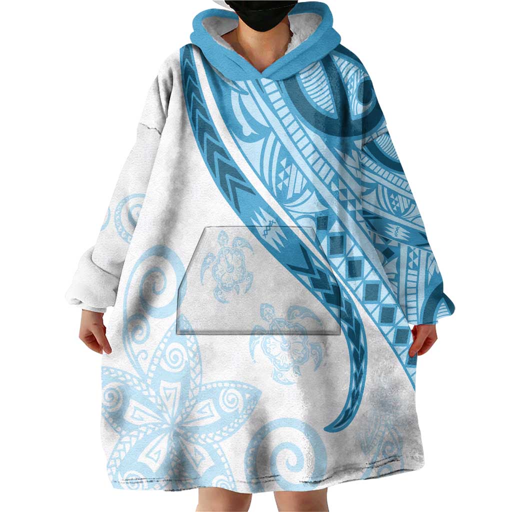 Blue Polynesian Tribal Turtle Floral Pattern Wearable Blanket Hoodie