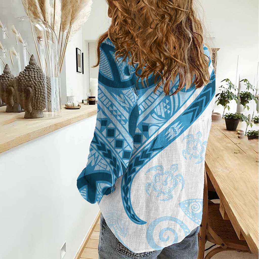 Blue Polynesian Tribal Turtle Floral Pattern Women Casual Shirt