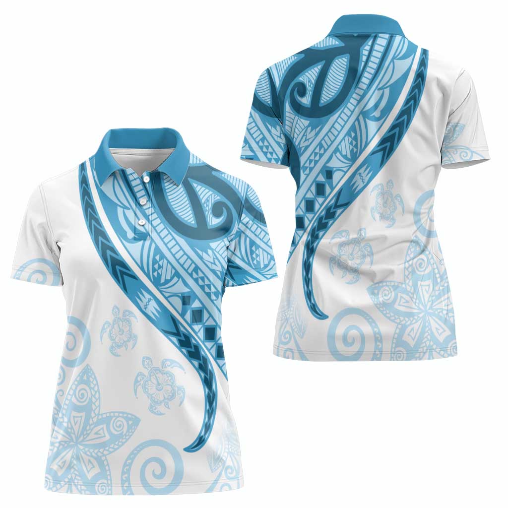 Blue Polynesian Tribal Turtle Floral Pattern Women Polo Shirt
