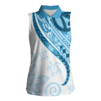 Blue Polynesian Tribal Turtle Floral Pattern Women Sleeveless Polo Shirt