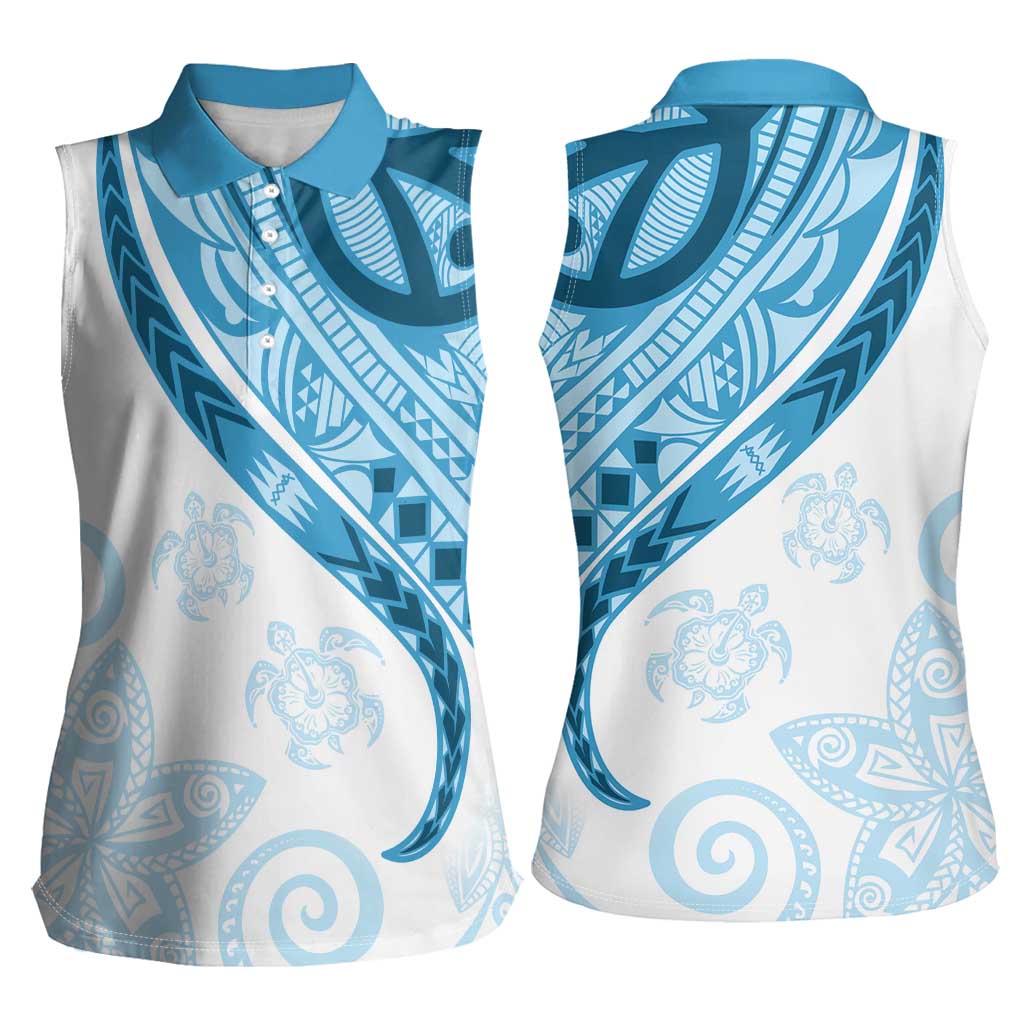 Blue Polynesian Tribal Turtle Floral Pattern Women Sleeveless Polo Shirt
