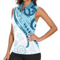 Blue Polynesian Tribal Turtle Floral Pattern Women Sleeveless Polo Shirt