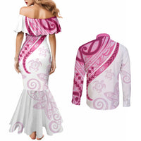 Rose Pink Polynesian Tribal Turtle Floral Pattern Couples Matching Mermaid Dress and Long Sleeve Button Shirt