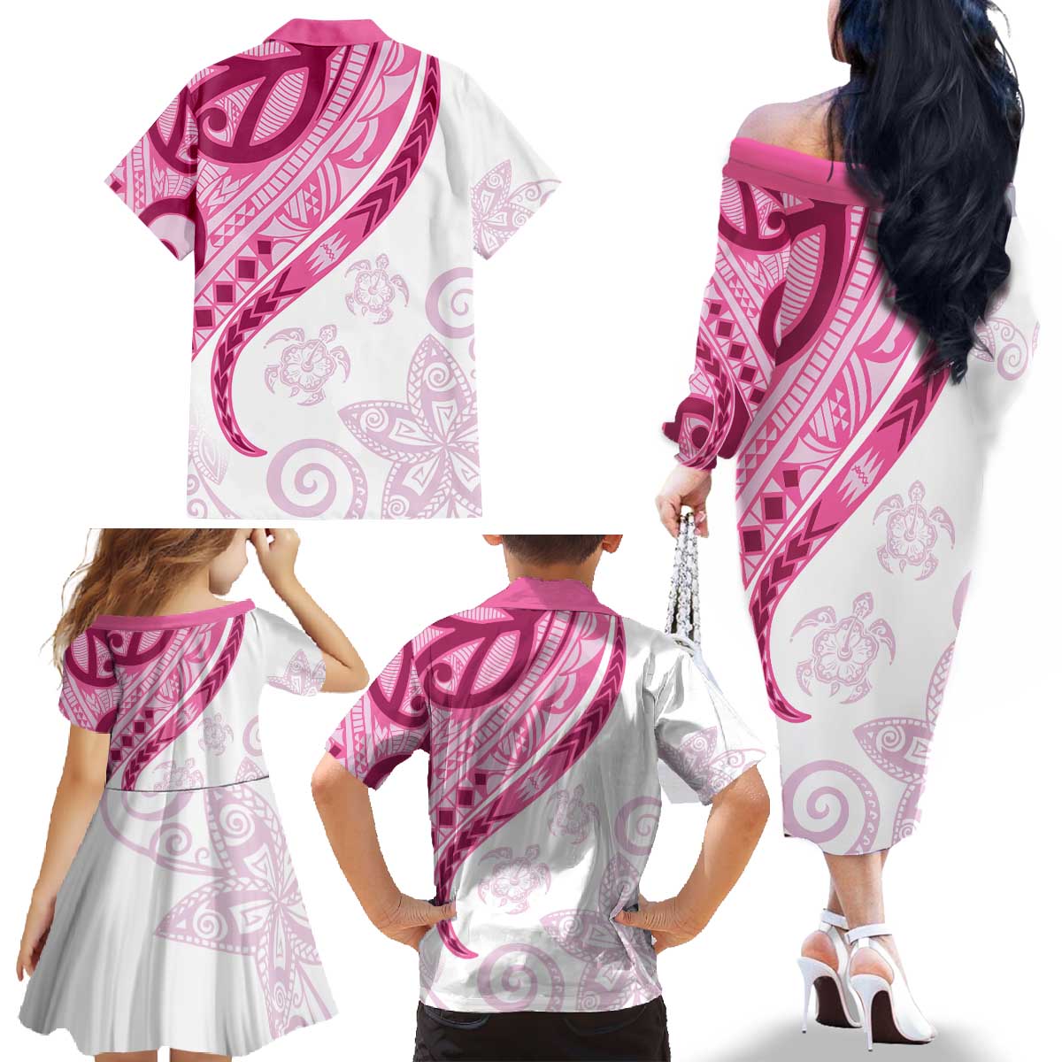 Rose Pink Polynesian Tribal Turtle Floral Pattern Family Matching Off The Shoulder Long Sleeve Dress and Hawaiian Shirt