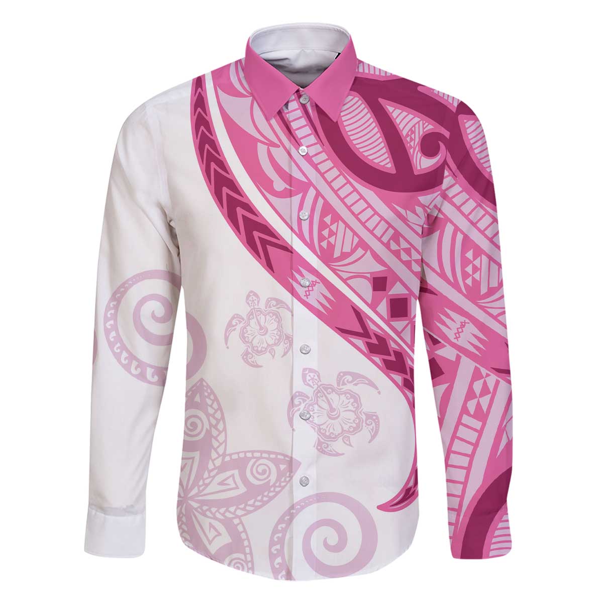 Rose Pink Polynesian Tribal Turtle Floral Pattern Family Matching Off The Shoulder Long Sleeve Dress and Hawaiian Shirt