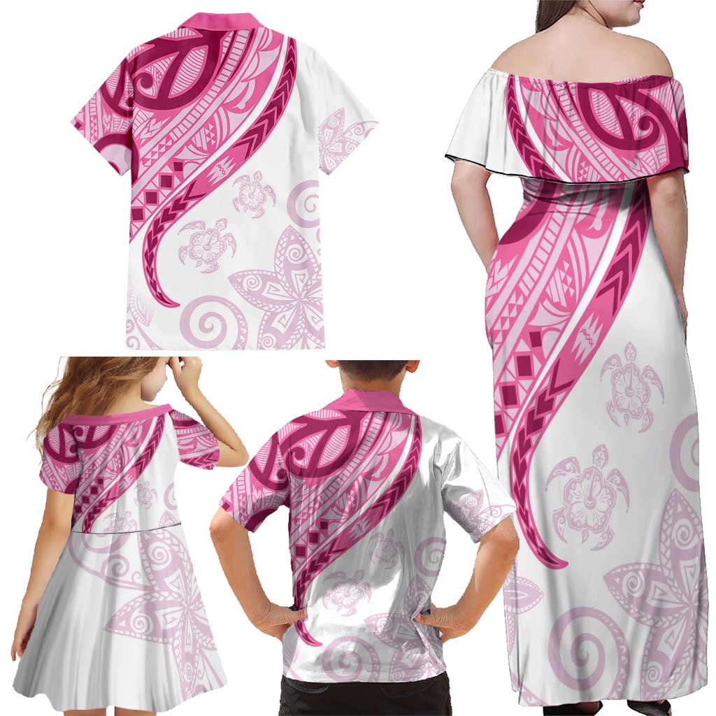 Rose Pink Polynesian Tribal Turtle Floral Pattern Family Matching Off Shoulder Maxi Dress and Hawaiian Shirt