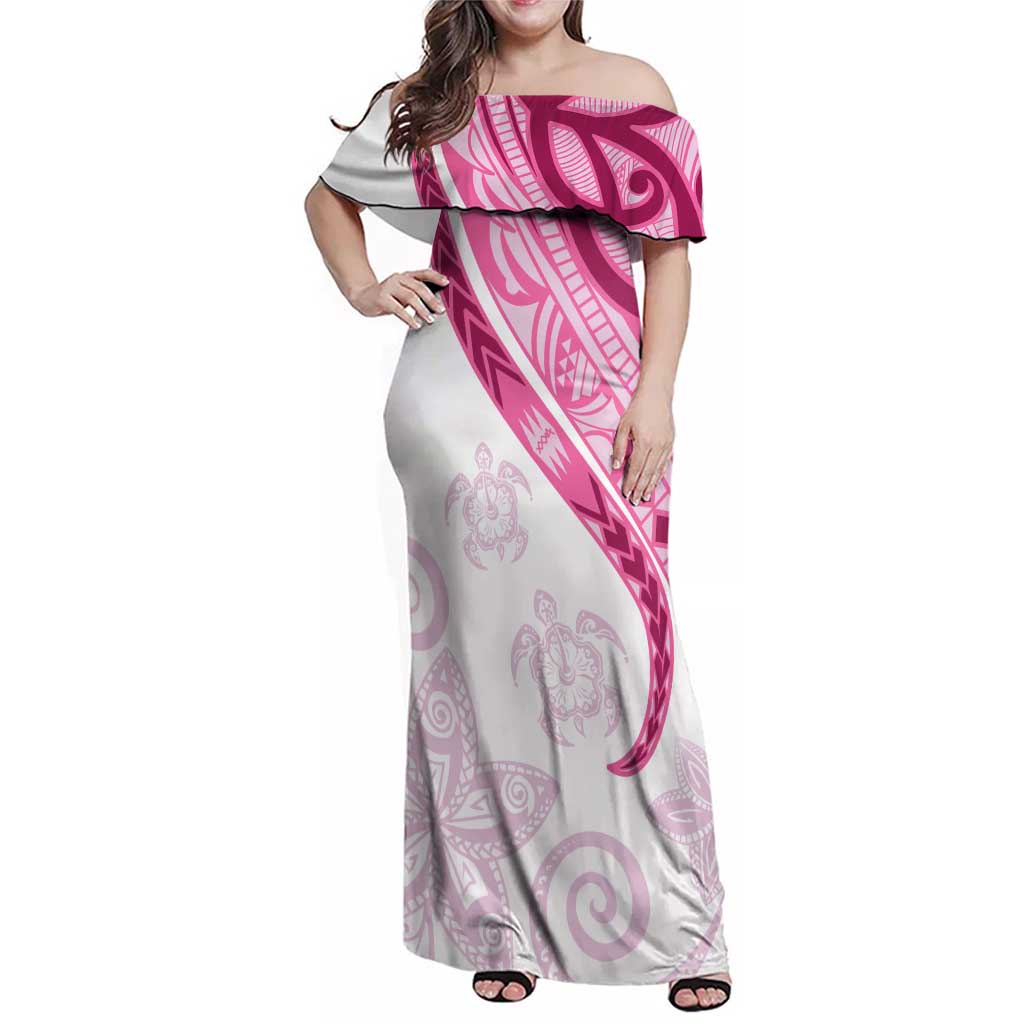 Rose Pink Polynesian Tribal Turtle Floral Pattern Family Matching Off Shoulder Maxi Dress and Hawaiian Shirt