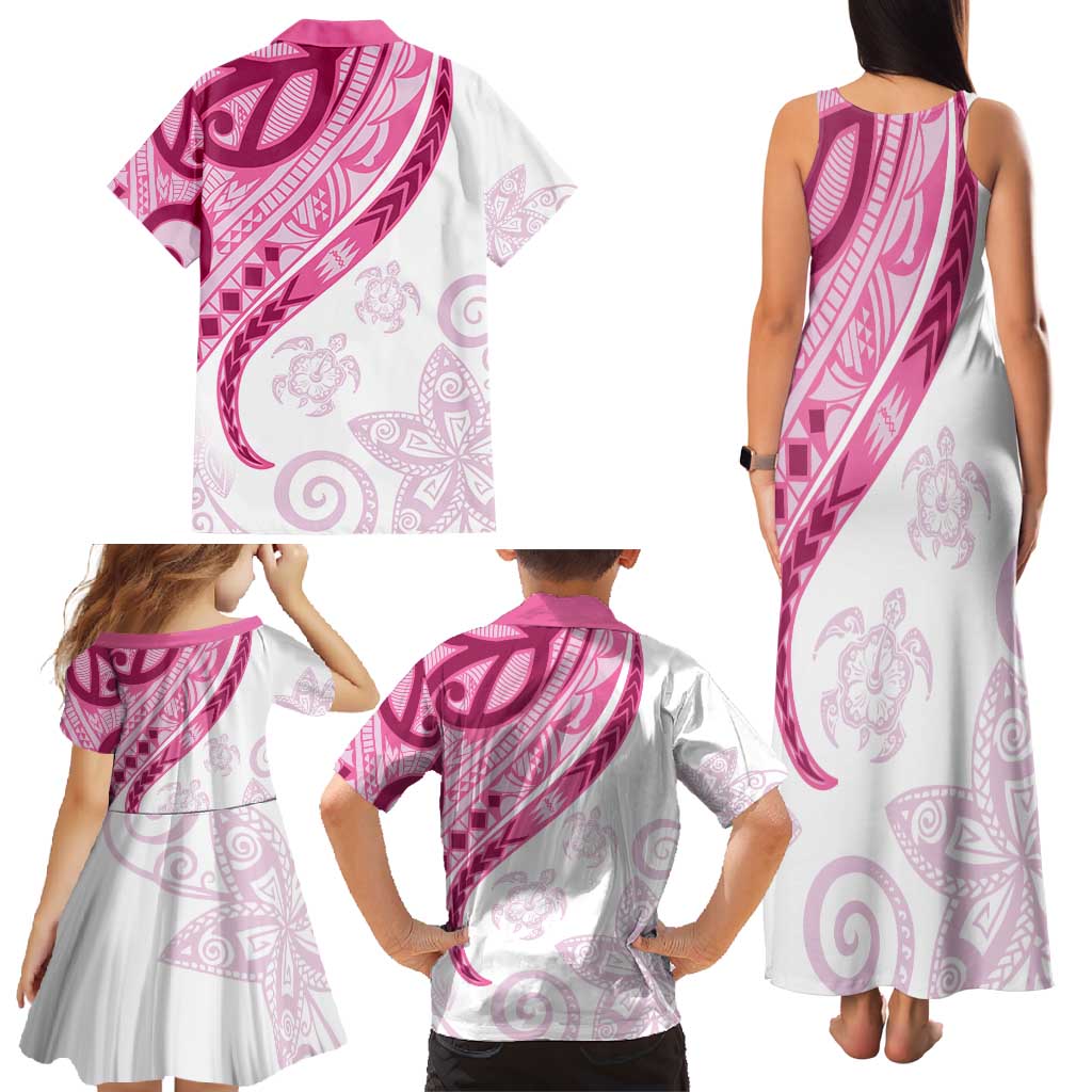 Rose Pink Polynesian Tribal Turtle Floral Pattern Family Matching Tank Maxi Dress and Hawaiian Shirt