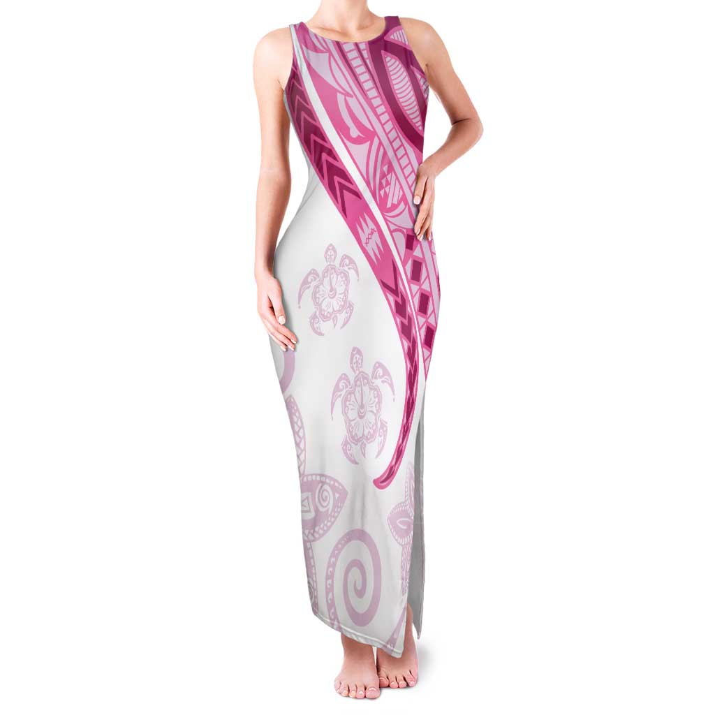 Rose Pink Polynesian Tribal Turtle Floral Pattern Family Matching Tank Maxi Dress and Hawaiian Shirt