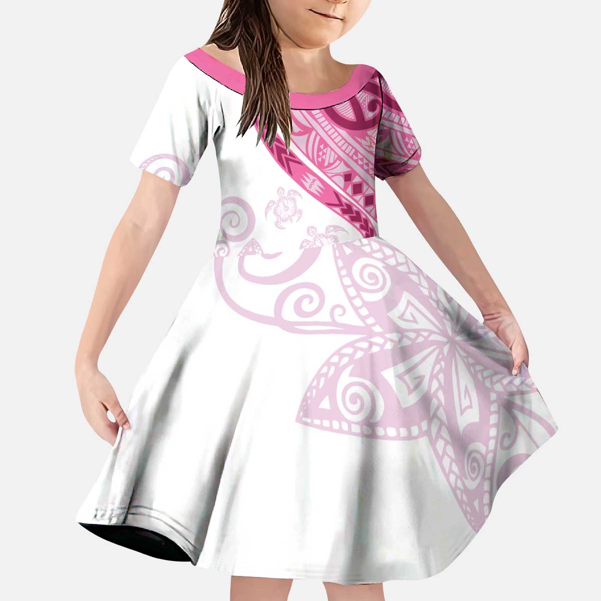 Rose Pink Polynesian Tribal Turtle Floral Pattern Kid Short Sleeve Dress LT05 KID Pink - Polynesian Pride