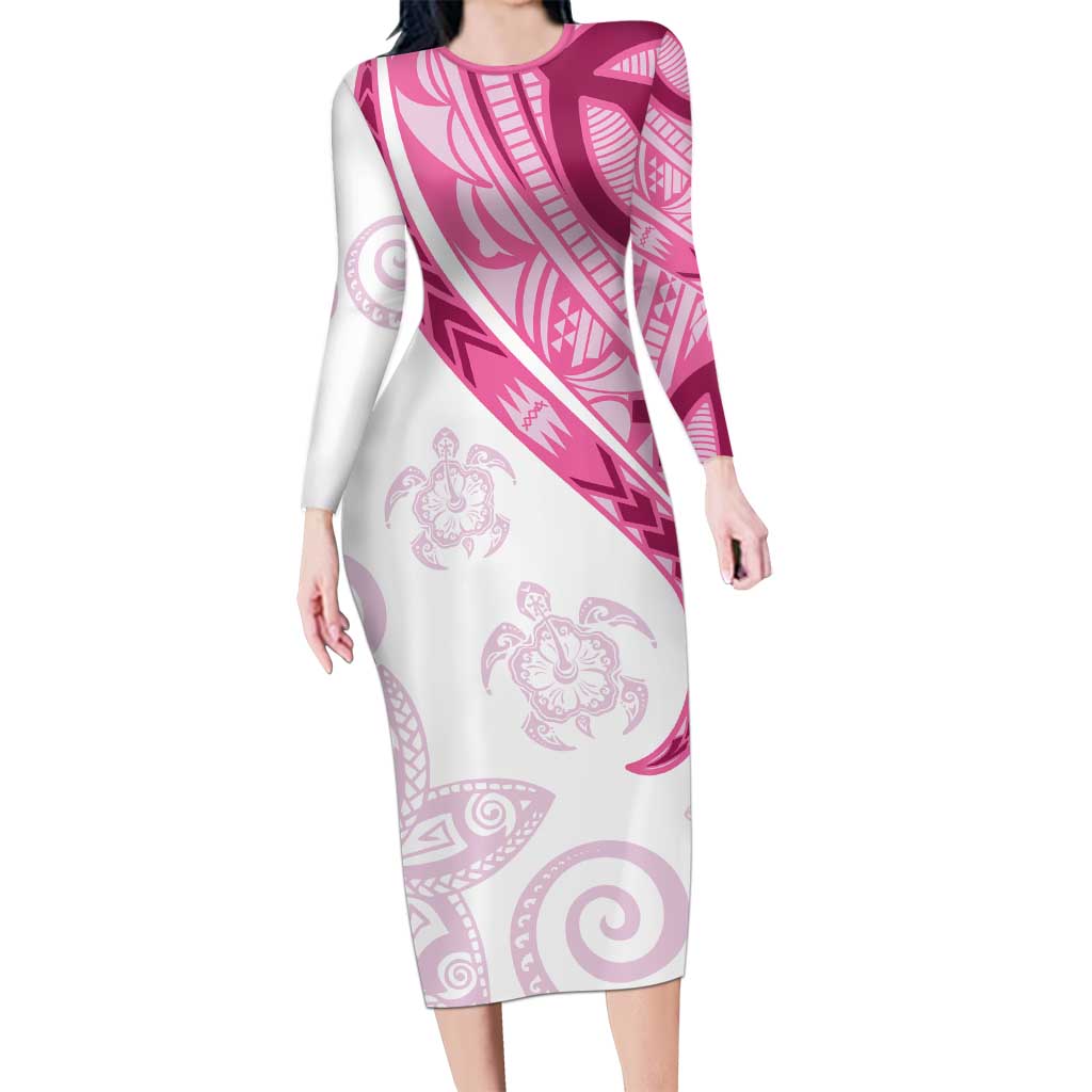 Rose Pink Polynesian Tribal Turtle Floral Pattern Long Sleeve Bodycon Dress LT05 Long Dress Pink - Polynesian Pride