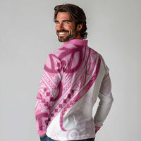 Rose Pink Polynesian Tribal Turtle Floral Pattern Long Sleeve Polo Shirt