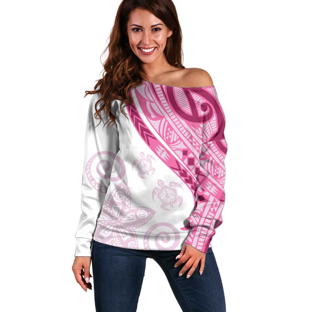 Rose Pink Polynesian Tribal Turtle Floral Pattern Off Shoulder Sweater LT05 Women Pink - Polynesian Pride