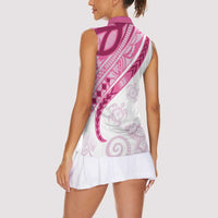 Rose Pink Polynesian Tribal Turtle Floral Pattern Women Sleeveless Polo Shirt