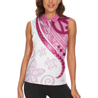 Rose Pink Polynesian Tribal Turtle Floral Pattern Women Sleeveless Polo Shirt