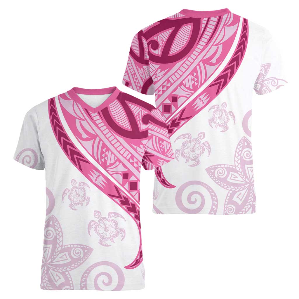 Rose Pink Polynesian Tribal Turtle Floral Pattern Women V-Neck T-Shirt