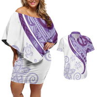 Purple Polynesian Tribal Turtle Floral Pattern Couples Matching Off Shoulder Short Dress and Hawaiian Shirt LT05 Purple - Polynesian Pride