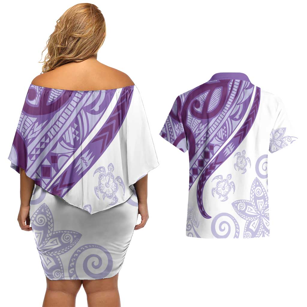 Purple Polynesian Tribal Turtle Floral Pattern Couples Matching Off Shoulder Short Dress and Hawaiian Shirt LT05 - Polynesian Pride