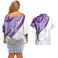Purple Polynesian Tribal Turtle Floral Pattern Couples Matching Off Shoulder Short Dress and Hawaiian Shirt LT05 - Polynesian Pride