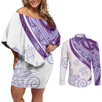 Purple Polynesian Tribal Turtle Floral Pattern Couples Matching Off Shoulder Short Dress and Long Sleeve Button Shirt