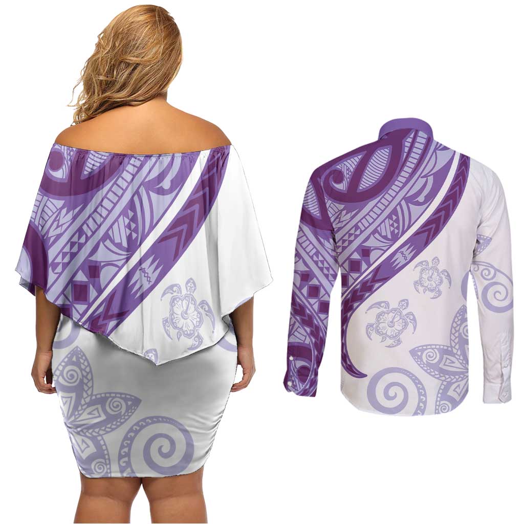 Purple Polynesian Tribal Turtle Floral Pattern Couples Matching Off Shoulder Short Dress and Long Sleeve Button Shirt