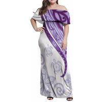Purple Polynesian Tribal Turtle Floral Pattern Family Matching Off Shoulder Maxi Dress and Hawaiian Shirt