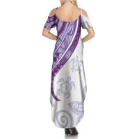 Purple Polynesian Tribal Turtle Floral Pattern Family Matching Summer Maxi Dress and Hawaiian Shirt