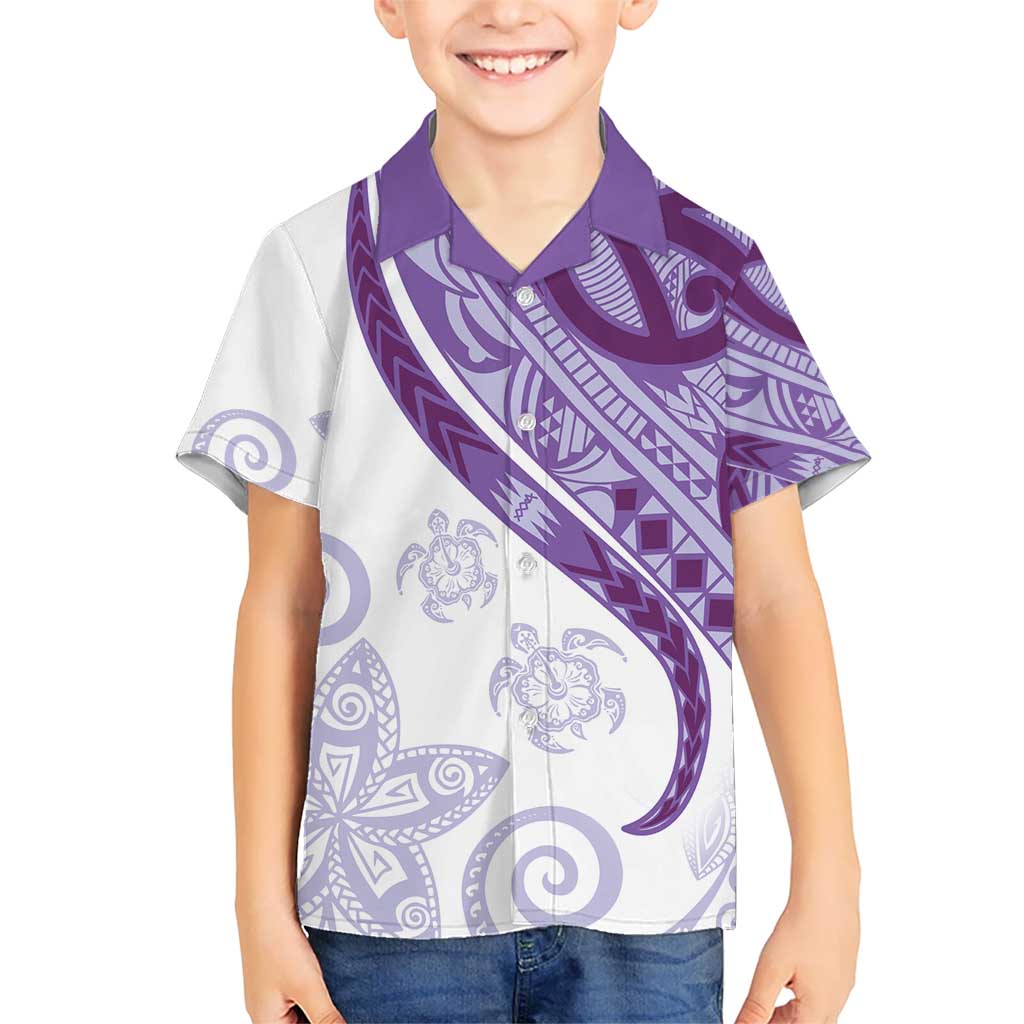 Purple Polynesian Tribal Turtle Floral Pattern Kid Hawaiian Shirt