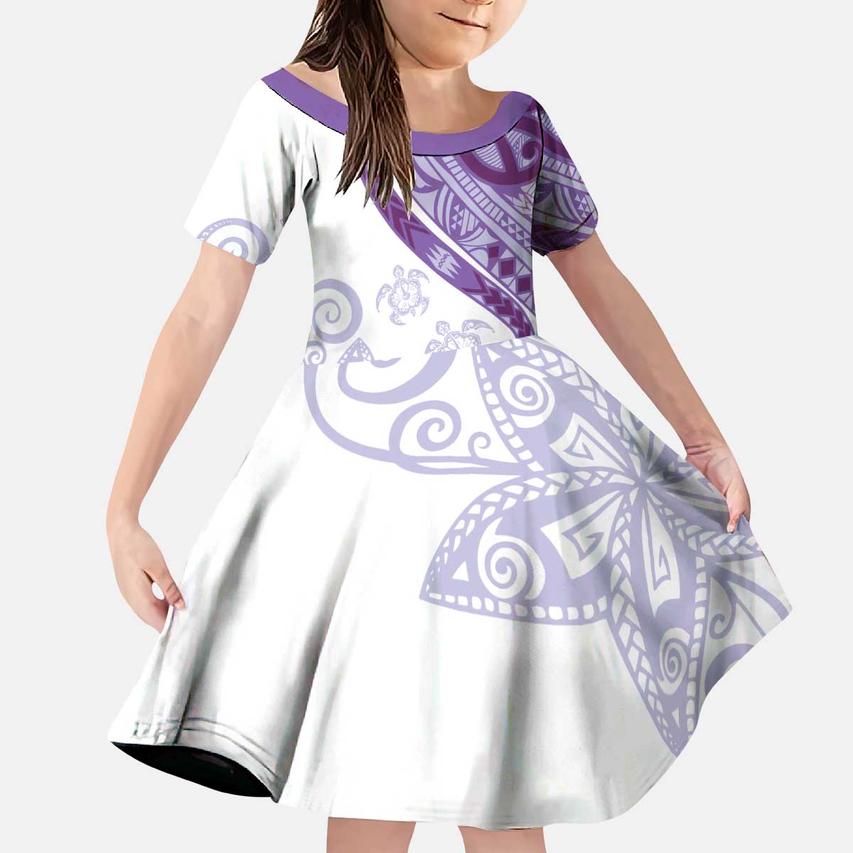 Purple Polynesian Tribal Turtle Floral Pattern Kid Short Sleeve Dress LT05 KID Purple - Polynesian Pride