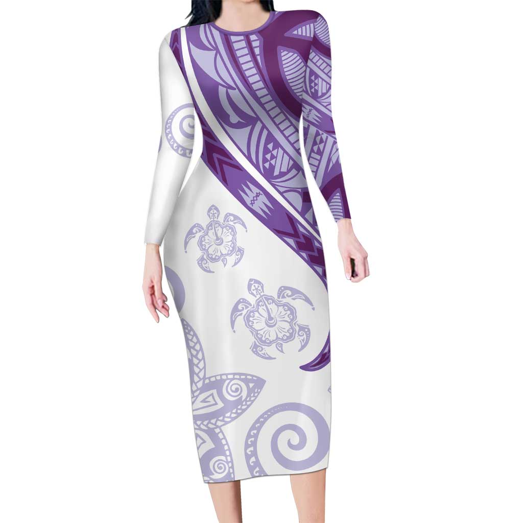 Purple Polynesian Tribal Turtle Floral Pattern Long Sleeve Bodycon Dress LT05 Long Dress Purple - Polynesian Pride