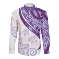 Purple Polynesian Tribal Turtle Floral Pattern Long Sleeve Button Shirt