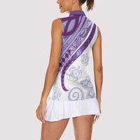 Purple Polynesian Tribal Turtle Floral Pattern Women Sleeveless Polo Shirt