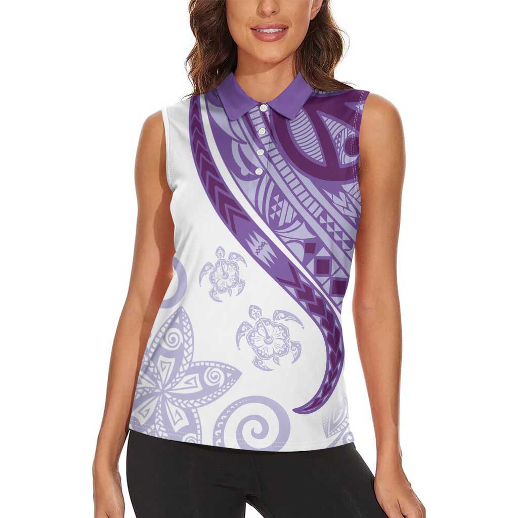 Purple Polynesian Tribal Turtle Floral Pattern Women Sleeveless Polo Shirt