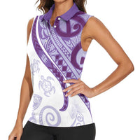 Purple Polynesian Tribal Turtle Floral Pattern Women Sleeveless Polo Shirt