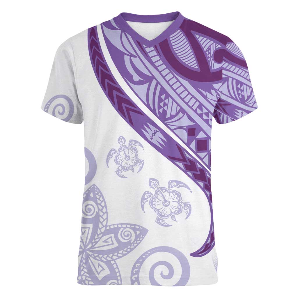 Purple Polynesian Tribal Turtle Floral Pattern Women V-Neck T-Shirt