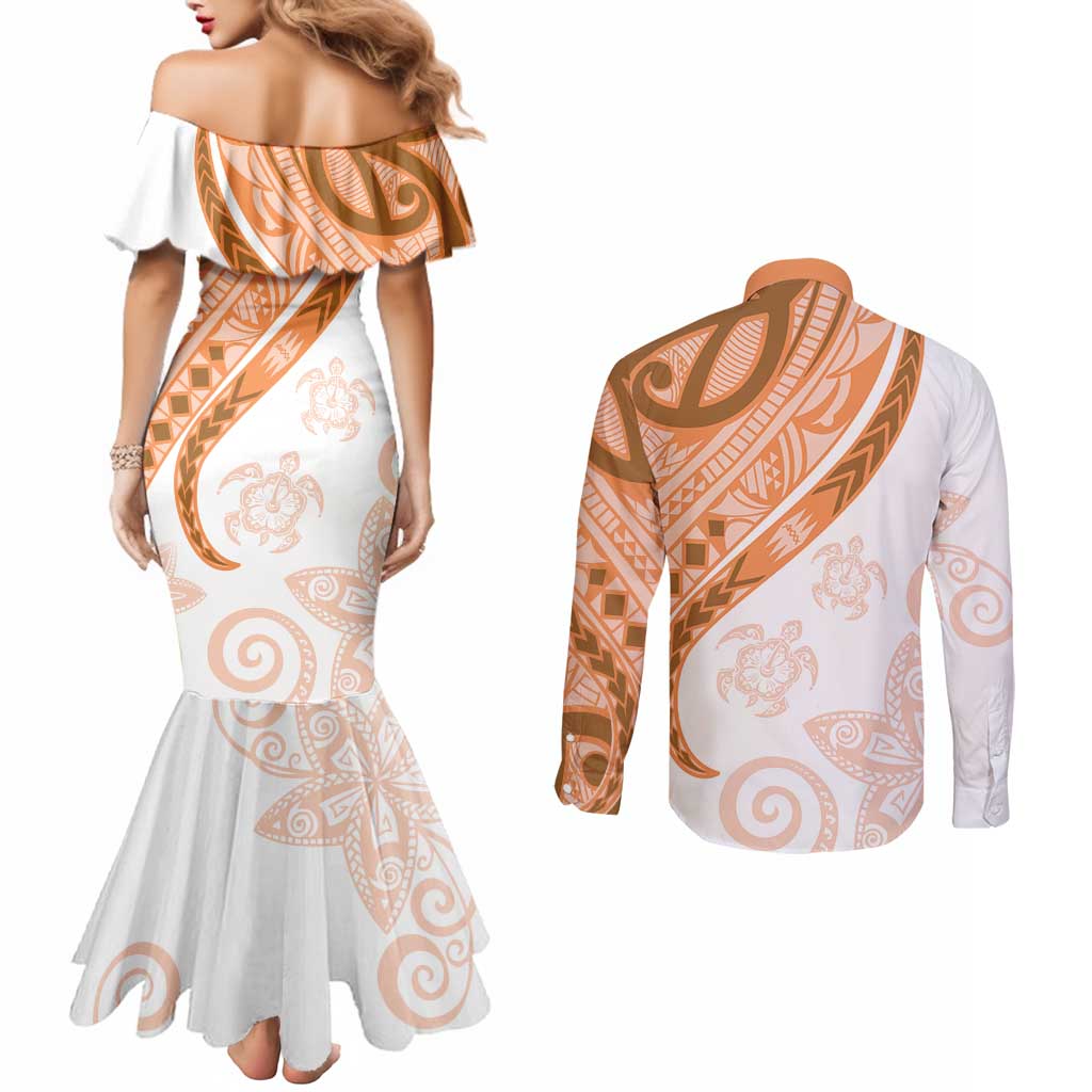 Orange Polynesian Tribal Turtle Floral Pattern Couples Matching Mermaid Dress and Long Sleeve Button Shirt