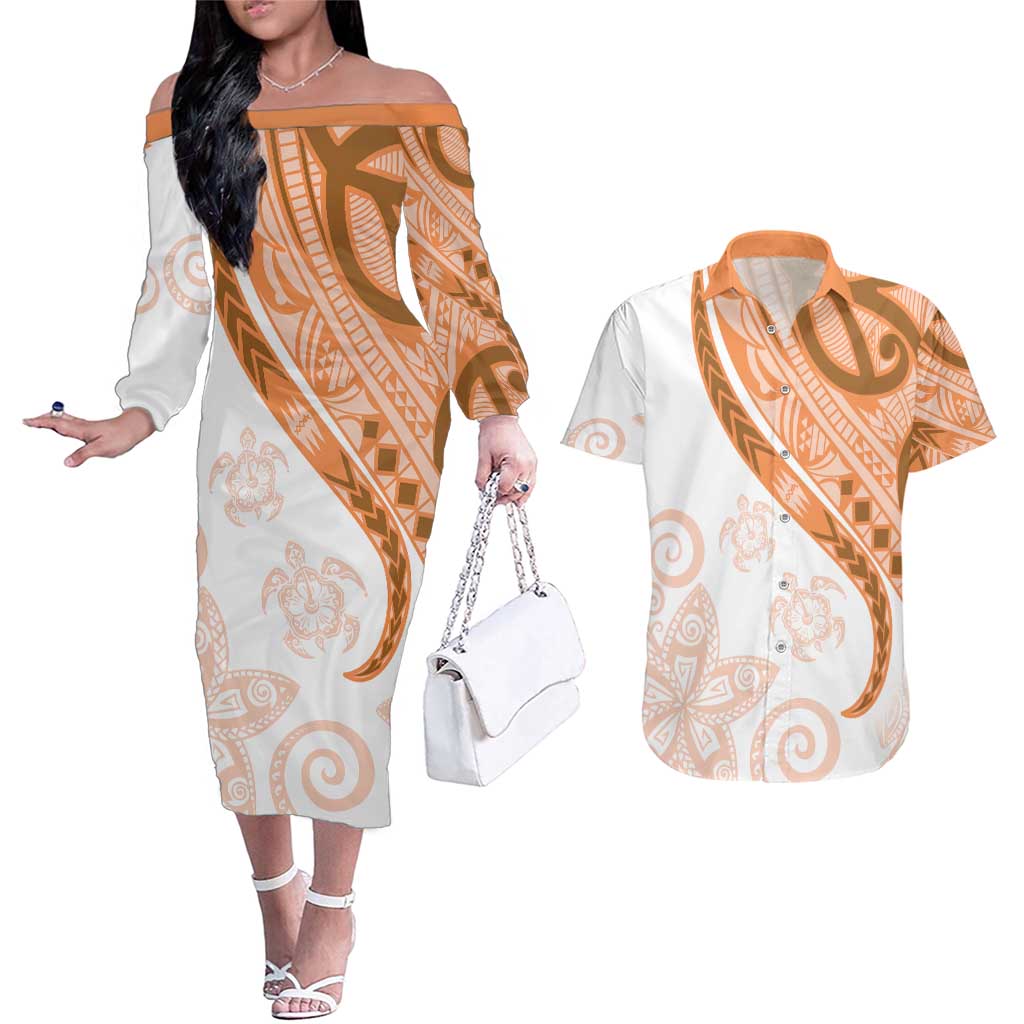Orange Polynesian Tribal Turtle Floral Pattern Couples Matching Off The Shoulder Long Sleeve Dress and Hawaiian Shirt LT05 Orange - Polynesian Pride