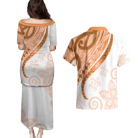 Orange Polynesian Tribal Turtle Floral Pattern Couples Matching Puletasi and Hawaiian Shirt LT05 - Polynesian Pride