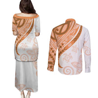 Orange Polynesian Tribal Turtle Floral Pattern Couples Matching Puletasi and Long Sleeve Button Shirt