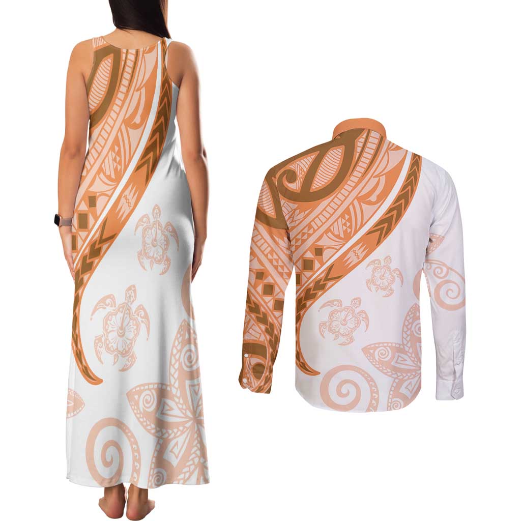 Orange Polynesian Tribal Turtle Floral Pattern Couples Matching Tank Maxi Dress and Long Sleeve Button Shirt