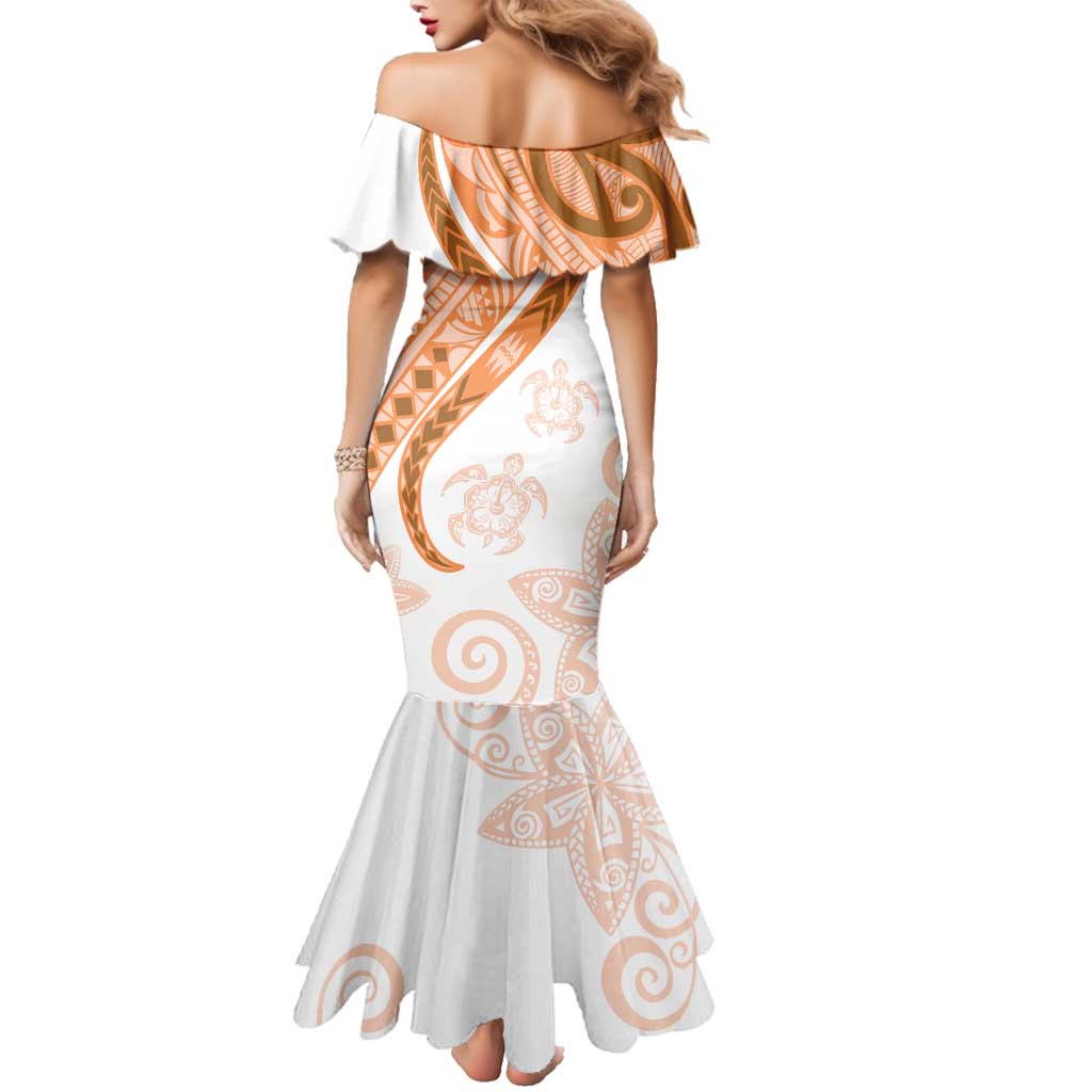 Orange Polynesian Tribal Turtle Floral Pattern Family Matching Mermaid Dress and Hawaiian Shirt