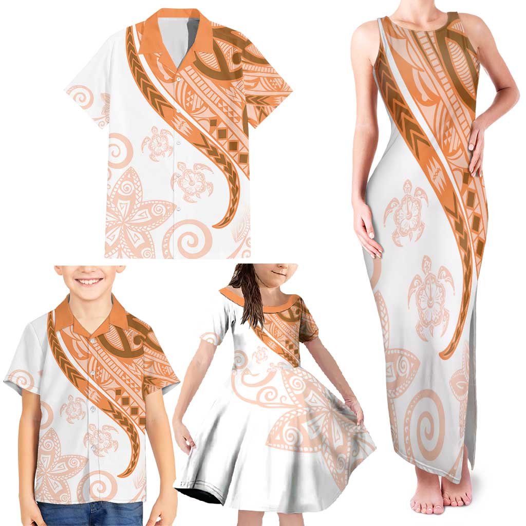 Orange Polynesian Tribal Turtle Floral Pattern Family Matching Tank Maxi Dress and Hawaiian Shirt