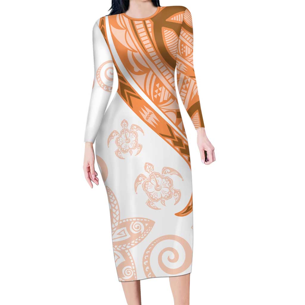 Orange Polynesian Tribal Turtle Floral Pattern Long Sleeve Bodycon Dress LT05 Long Dress Orange - Polynesian Pride