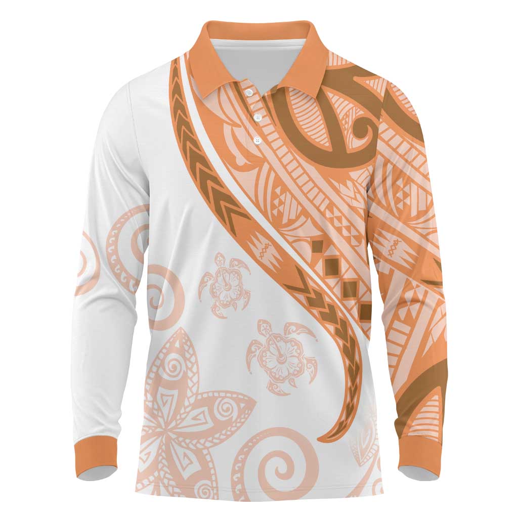 Orange Polynesian Tribal Turtle Floral Pattern Long Sleeve Polo Shirt