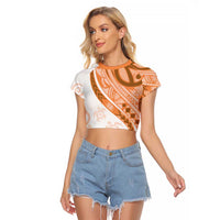 Orange Polynesian Tribal Turtle Floral Pattern Raglan Cropped T Shirt