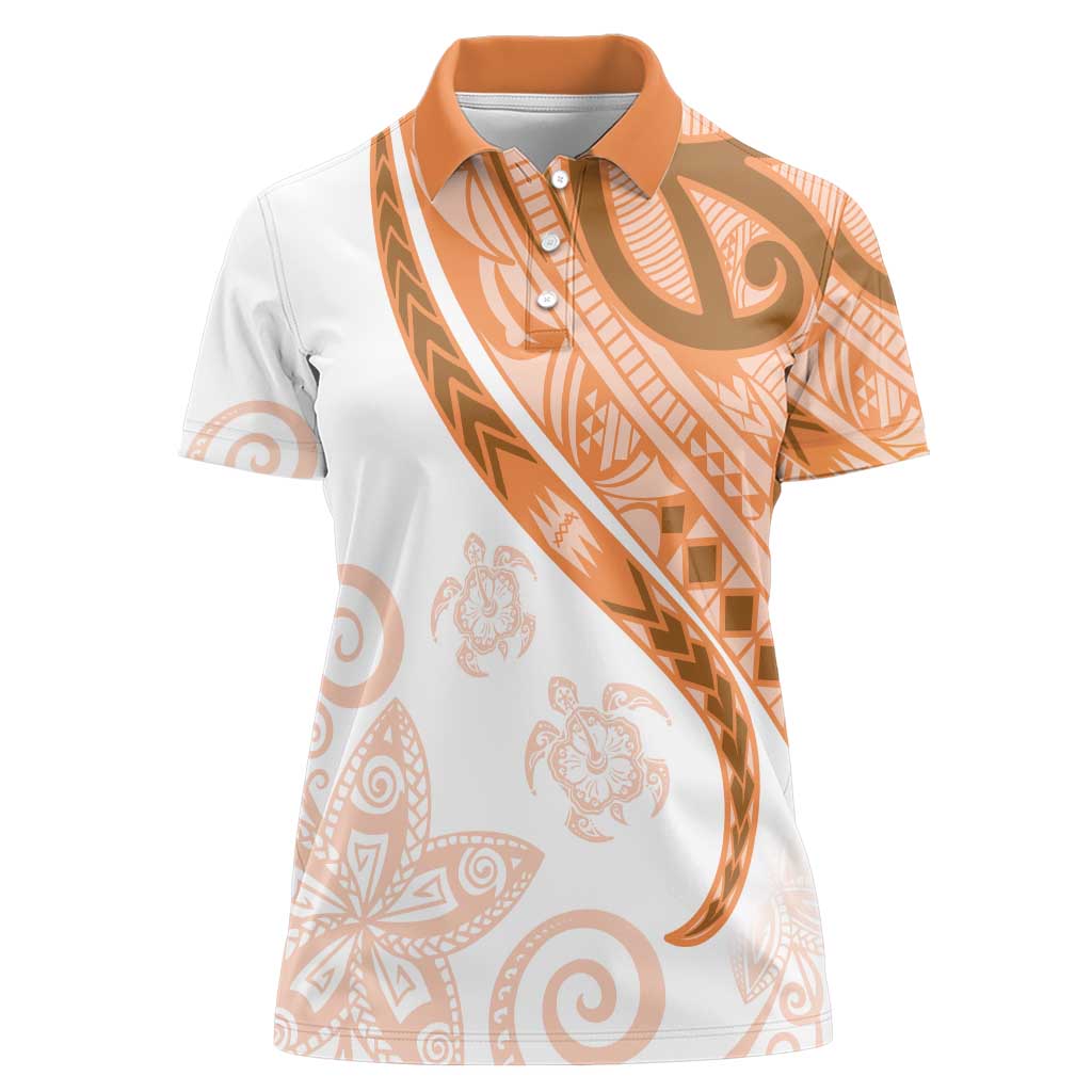 Orange Polynesian Tribal Turtle Floral Pattern Women Polo Shirt